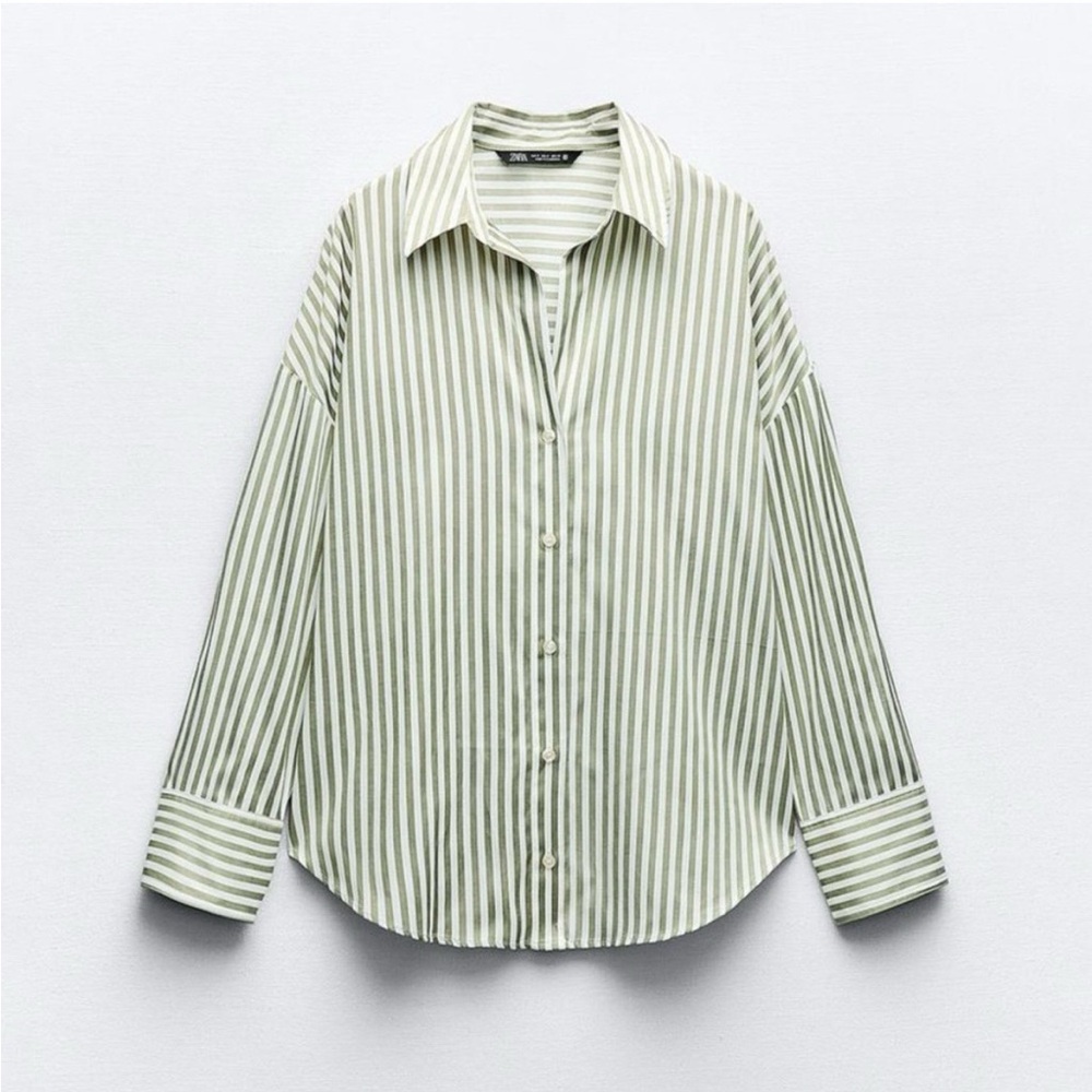 Zara Green and White Striped Button-Down Shirt